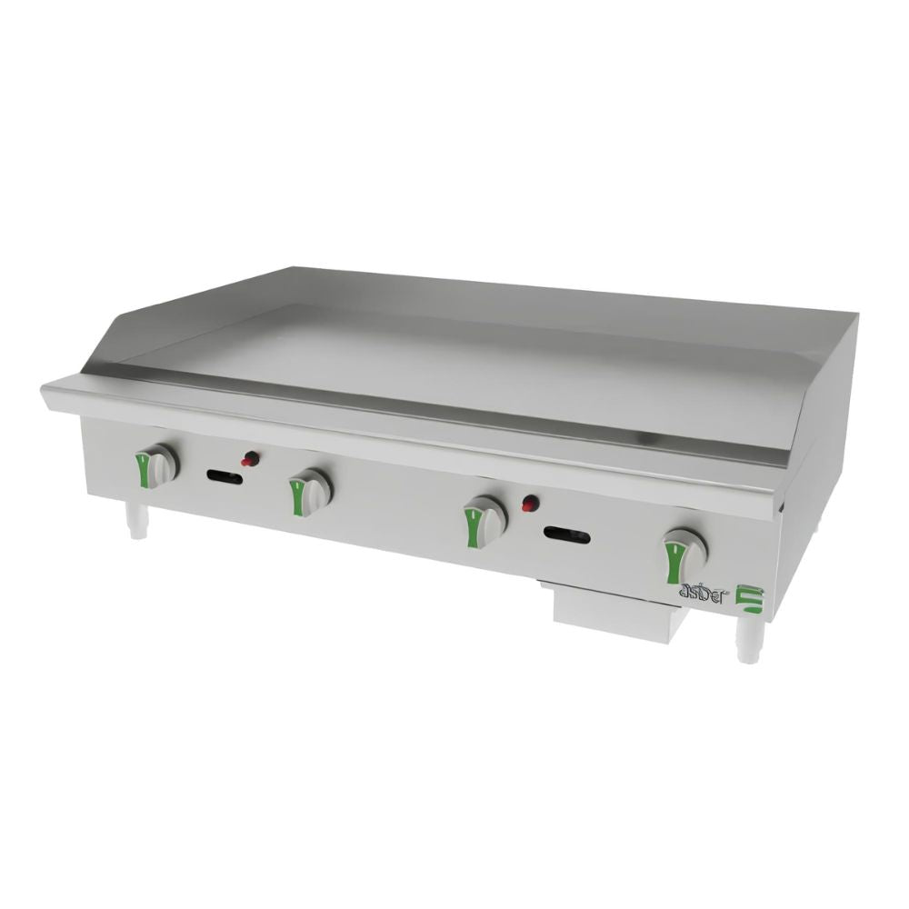 PLANCHA ASBER AETG 48 EM | Gas | 4 Quemadores | Acero Inoxidable | Taquería Hoteles Comedores Industriales Industriales Restaurante Cafetería Cocina Industrial Comedor Grill Cortes Cenaduría Hotel | Respaldo Charola Quemador Parilla Restaurante Niveladores Empotrar Base Comedor Uso Rudo Acero Inoxidable Grill Alimento Cocción Preparación Cortes Hotel Cenaduría Cocina Económica Radiante Gourmet