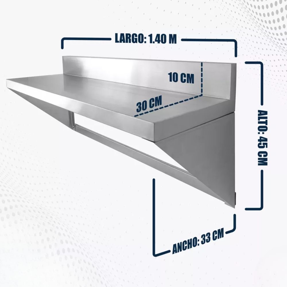 REPISA MINDEJAL MLM1470546645 | Repisa con Soporte | Frente 140 cm | Acero Inoxidable | Restaurante Cocina Industrial Hotel Comedores Industriales Guardar Empilar Ollas Acero Garabatos 