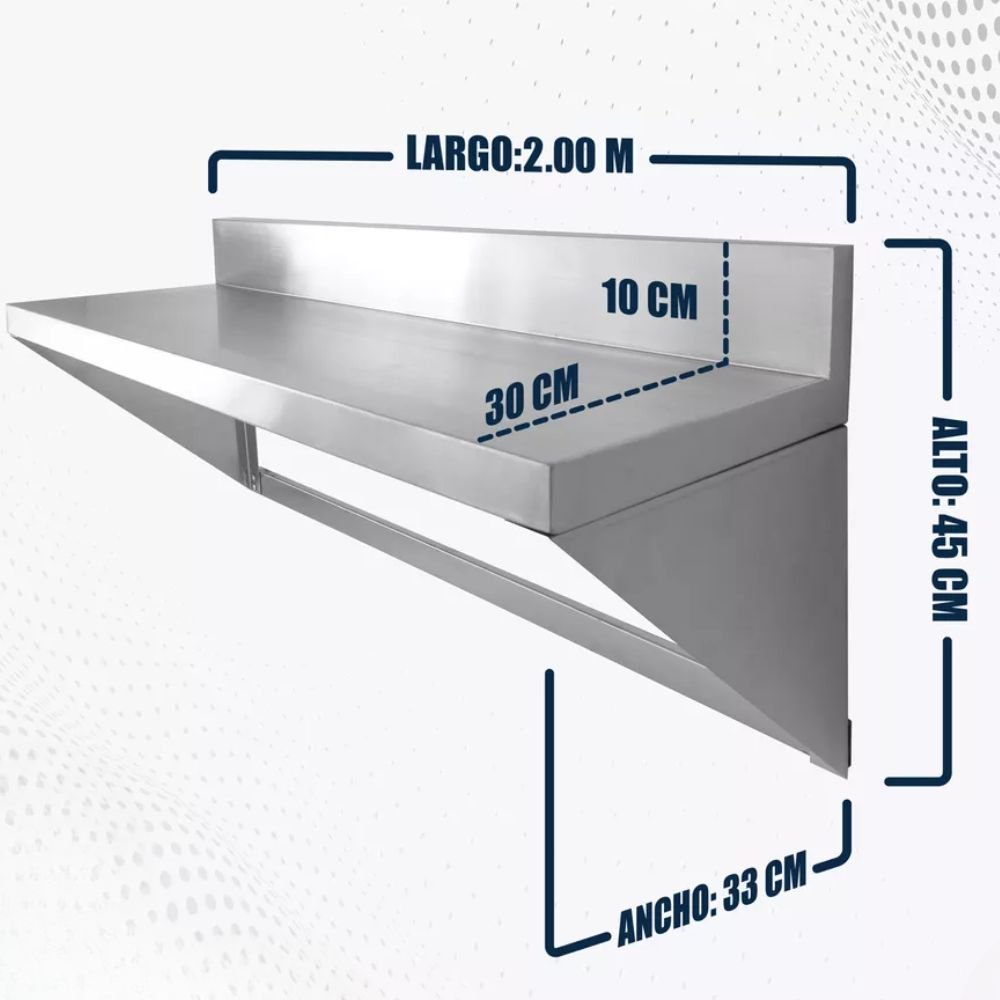 REPISA MINDEJAL MLM2076720779 | Repisa Flotante | Frente 200 cm | Acero Inoxidable | Restaurante Cocina Industrial Hotel Comedores Industriales Guardar Empilar Ollas Acero Garabatos 