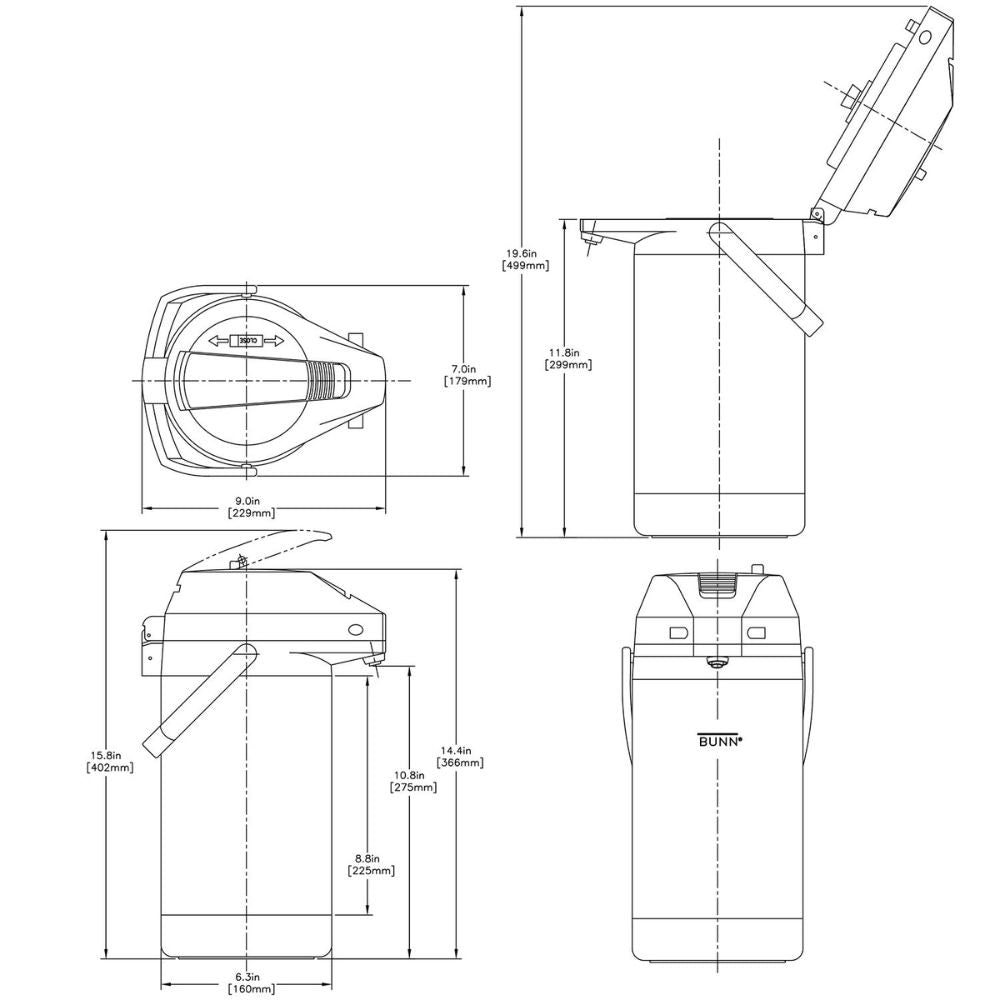 TERMO BUNN AIRPOT SST LA | Termo 3.0 Litros |Caja 6 Piezas | Cafetería Gimnasio Profesional Mañana Desayuno Café Té Caliente Fresco Frío Temperatura