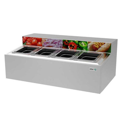 TOPPING ASBER ATC-4 | Topping Base Refrigerada | 4 Insertos | Eléctrico | Acero Inoxidable | Ingredientes Frescos Comida Rápida | Restaurante Cocina Profesional Gourmet Hotel Servicio Banquetes Cafetería Espacios Reducidos Pizzería Hot Dogs Ensaladas Fonda