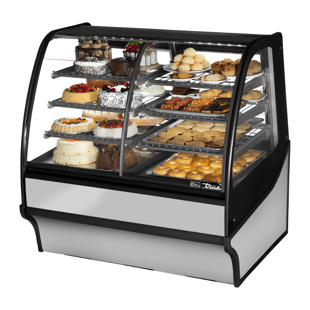 VITRINA EXHIBIDORA TRUE TDM-DZ-48-GE/GE-S-S | Vitrina Exhibidora | Cristal Curvo | 2 Puertas | 6 Estantes | Panaderías Pastelerías Cafeterías | Vitrina Refrigerada Exhibidora Exhibidor de Pasteles Postres Vitrina de Mostrador Cristal Curvo Acero Inoxidable Pastelería Cafetería Cremería Carnicería Restaurante Supermercado
