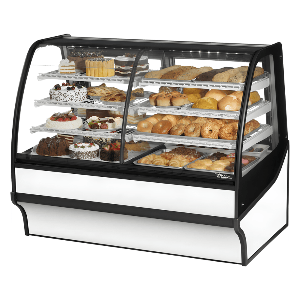 VITRINA EXHIBIDORA TRUE TDM-DZ-59-GE/GE-W-W | Vitrina Exhibidora Refrigerada | Cristal Curvo | 2 Puertas | 6 Estantes | Pastelería Repostería | Vitrina Refrigerada Exhibidora Exhibidor de Pasteles Postres Vitrina de Mostrador Cristal Curvo Acero Inoxidable Pastelería Cafetería Cremería Carnicería Restaurante Supermercado