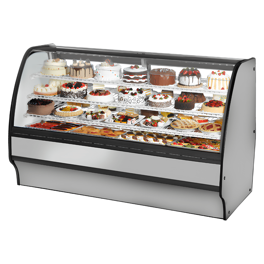 VITRINA EXHIBIDORA TRUE TGM-R-77-SC/SC-S-W | Vitrina Exhibidora Refrigerada | Cristal Curvo | 196.2 cm | Pastelería Repostería | Vitrina Refrigerada Exhibidora Exhibidor de Pasteles Postres Vitrina de Mostrador Cristal Curvo Acero Inoxidable Pastelería Cafetería Cremería Carnicería Restaurante Supermercado