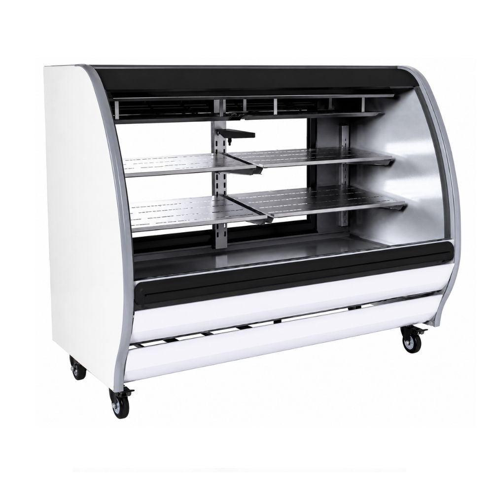 VITRINA TORREY 1029045 TEM150B LS | Vitrina Exhibidora Refrigerada Cristal Curvo | 150 cm | Blanco | para Tienda de Abarrotes Carnicería Comercial para Tienda de Abarrotes Carnicería Comercial Repostería Negocio Alimentos Pasteles Panes Exhibición Industrial Carnicería Cremería 