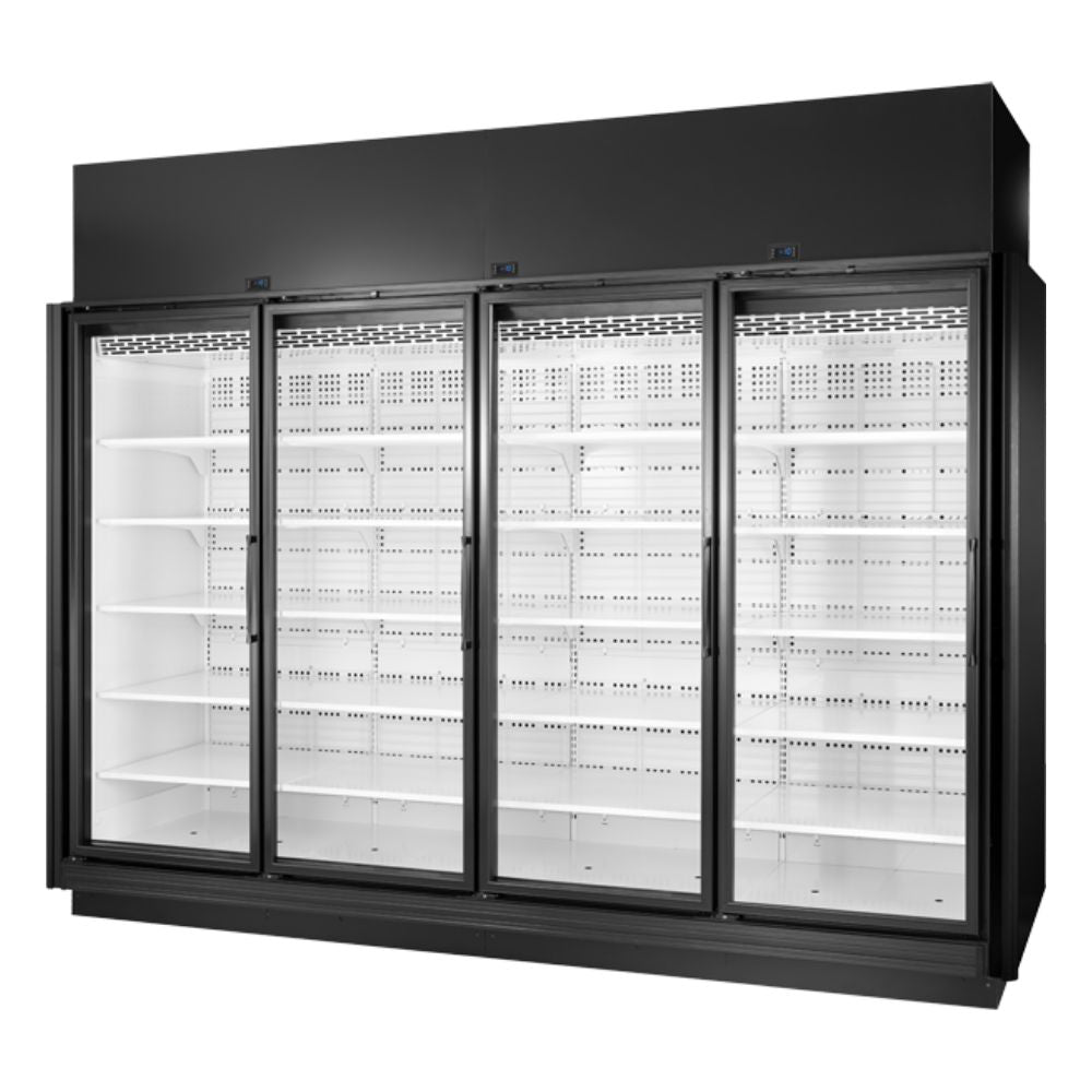 VITRINA TRUE TRM4L-NN-BLK-WHT-1BLKLLLL-4 | Vitrina Comercial | 4 Puertas | Supermercados Tiendas de autoservicio Tiendas de conveniencia | Vitrina Refrigerada Exhibidora Exhibidor de Pasteles Postres Vitrina de Mostrador Cristal Curvo Acero Inoxidable Pastelería Cafetería Cremería Carnicería Restaurante Supermercado
