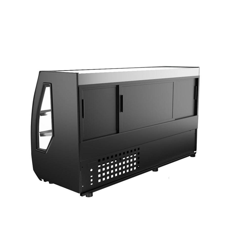 Vitrina Criotec VCC-200, vitrina curva refrigerada de mostrador de 200 cm, con charolas de acero inoxidable.