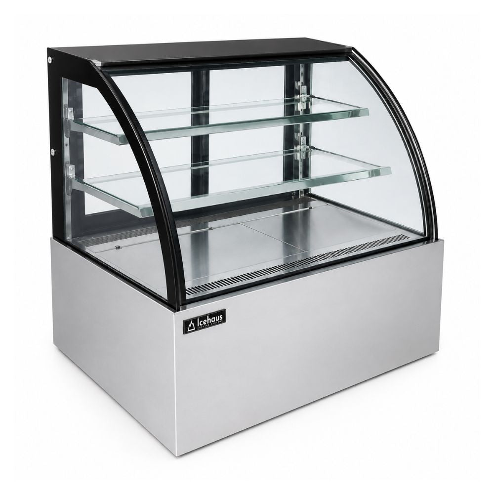 VITRINA ICEHAUS VPC-150 | Vitrina Pastelera Curva | 9.4 ft3 - 265 Litros | Hoteles Heladerías Bistrós | Vitrina Refrigerada Exhibidora Exhibidor de Pasteles Postres Vitrina de Mostrador Cristal Curvo Acero Inoxidable Pastelería Cafetería Cremería Carnicería Restaurante Supermercado