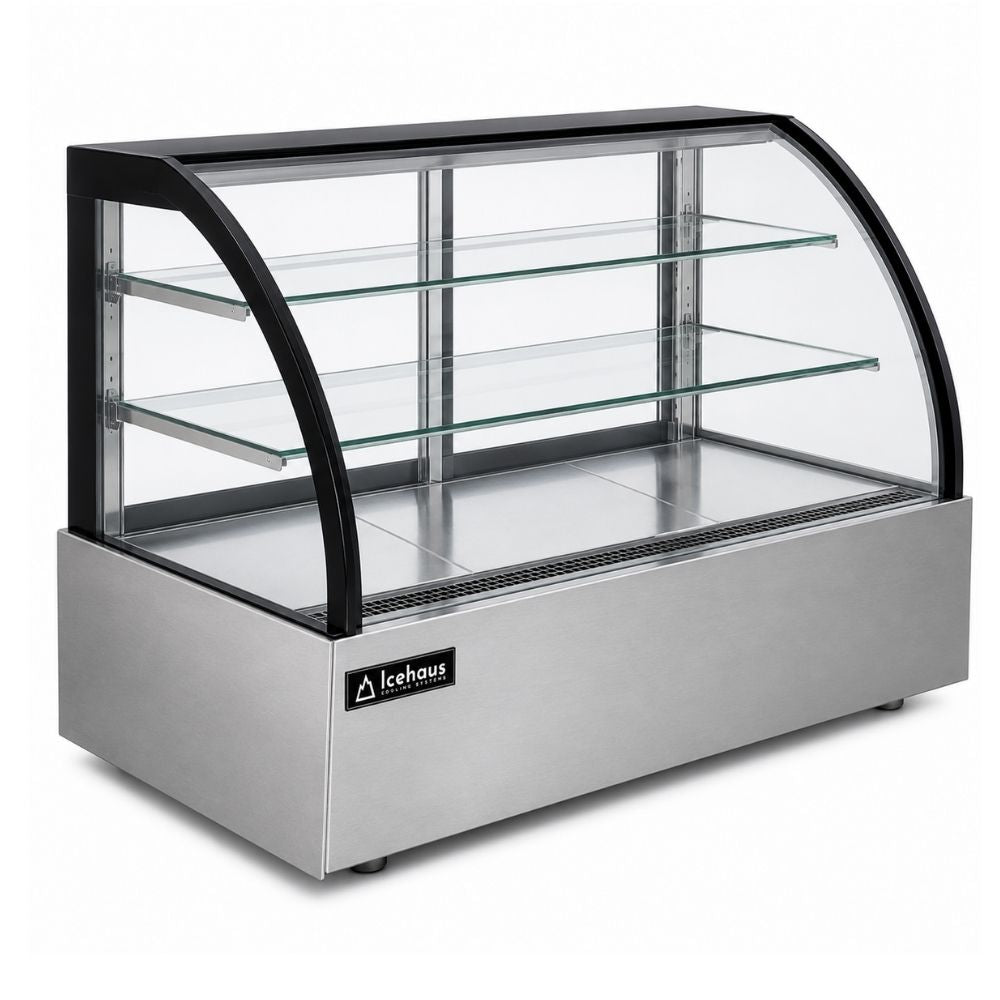 VITRINA ICEHAUS VPC-180 | Vitrina Pastelera Curva | 11.5 ft3 - 325 Litros | Hoteles Heladerías Bistrós | Vitrina Refrigerada Exhibidora Exhibidor de Pasteles Postres Vitrina de Mostrador Cristal Curvo Acero Inoxidable Pastelería Cafetería Cremería Carnicería Restaurante Supermercado