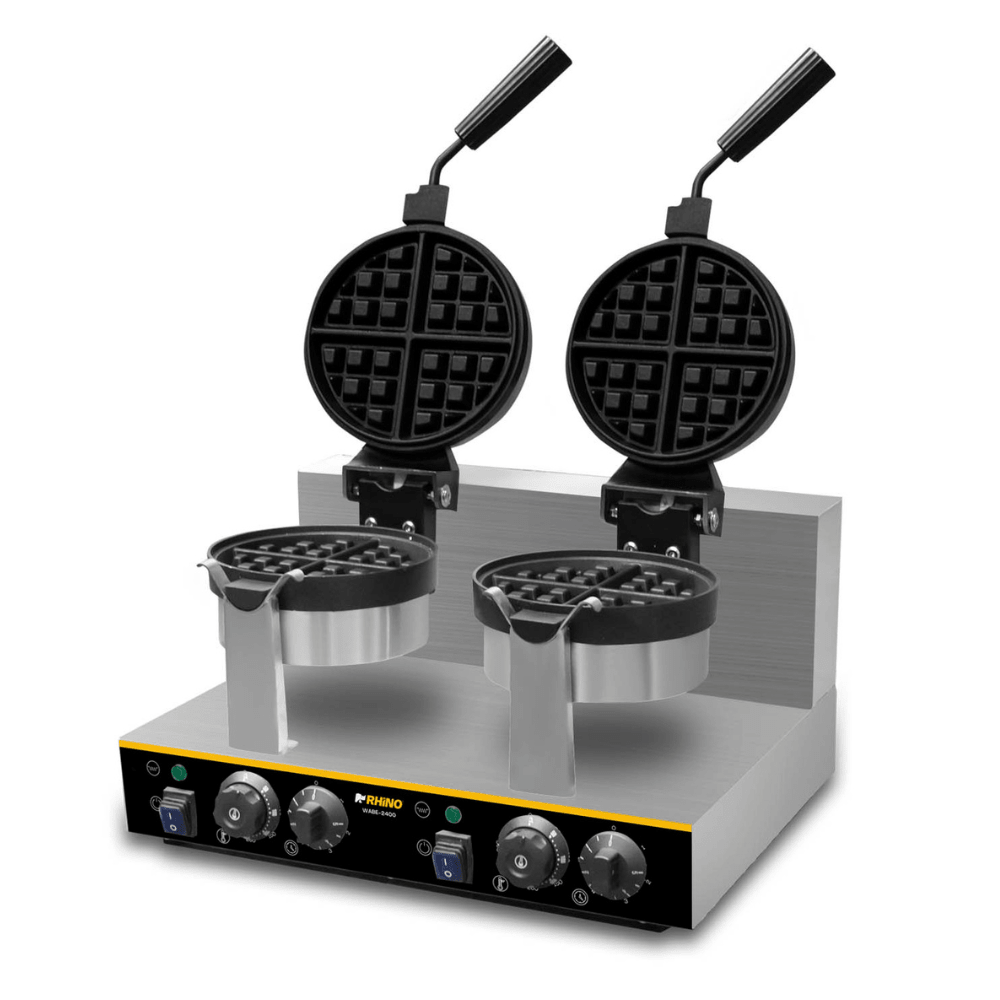 WAFFLERA RHINO WABE-2400 | Wafflera Belga Doble| Giratoria | Acero Inoxidable | Cafetería Restaurante Cocina Industrial | Wafflera Gofrera Máquina de Waffles Gofres Taiyaki Crepaletas Snacks Postres Acero Inoxidable Cafetería Crepería Heladería Panadería Restaurante Eventos Negocio