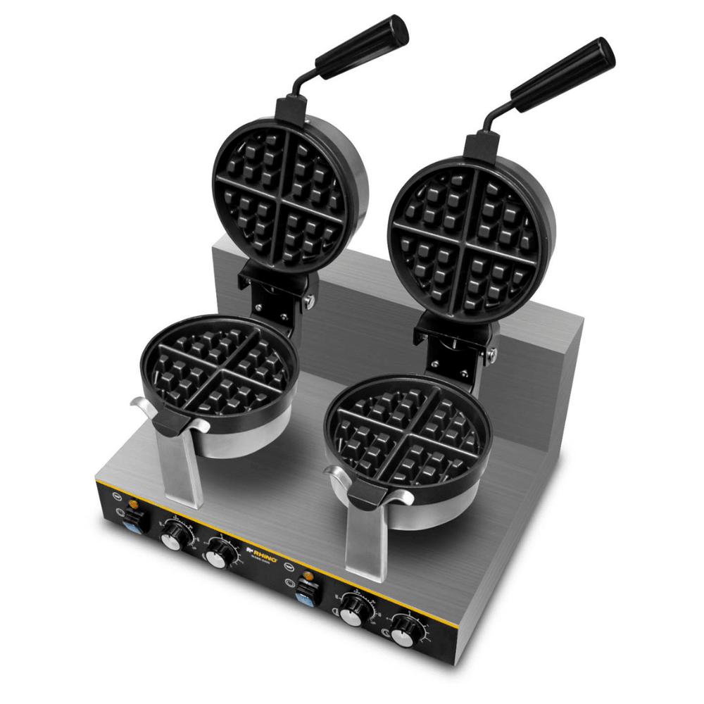 WAFFLERA RHINO WABE-2400 | Wafflera Belga Doble| Giratoria | Acero Inoxidable | Cafetería Restaurante Cocina Industrial | Wafflera Gofrera Máquina de Waffles Gofres Taiyaki Crepaletas Snacks Postres Acero Inoxidable Cafetería Crepería Heladería Panadería Restaurante Eventos Negocio
