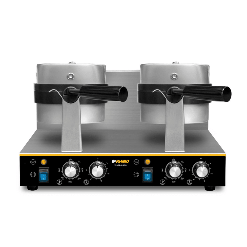 WAFFLERA RHINO WABE-2400 | Wafflera Belga Doble| Giratoria | Acero Inoxidable | Cafetería Restaurante Cocina Industrial | Wafflera Gofrera Máquina de Waffles Gofres Taiyaki Crepaletas Snacks Postres Acero Inoxidable Cafetería Crepería Heladería Panadería Restaurante Eventos Negocio