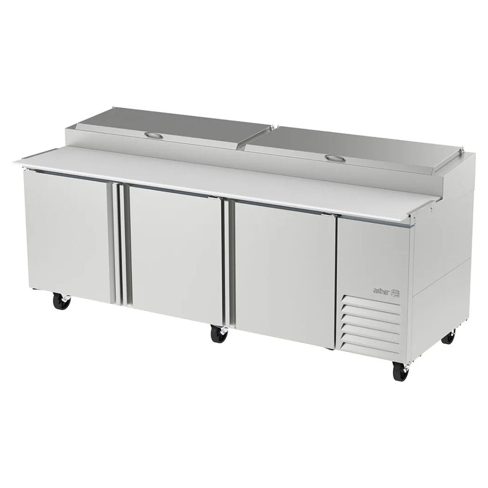 MESA ASBER APTP-93 HC | Mesa Refrigerada | 3 Puertas Solidas | Acero Inoxidable | 6 Parrillas | Eléctrico | Gris | Cocina Pizzería Comida Rápida Restaurante Cafeteria Bar Preparacion Alimentos Hotel Cocina Industrial