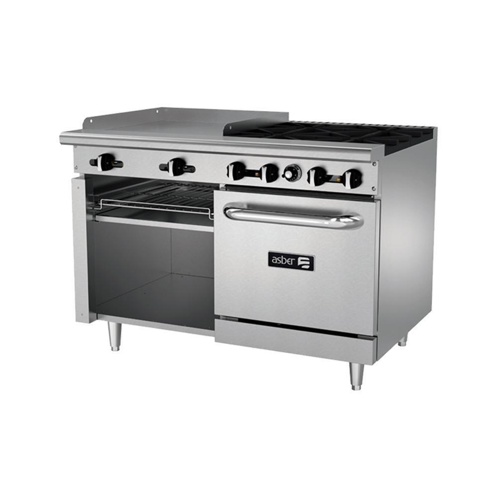 ESTUFA ASBER MULTIPLE AEMR-G24-B4-48-H | Estufa | 4 Quemadores | Plancha 24" | Horno 24" | Parrilla | Gas | Acero Inoxidable | Restaurante Comedor Industrial Hotel | Horno Estufa Completa Gratinador Quemadores Cocción Industrial Plancha 24" Gabinete Almacén Uso Rudo Preparación Cocina Hotel Alimentos