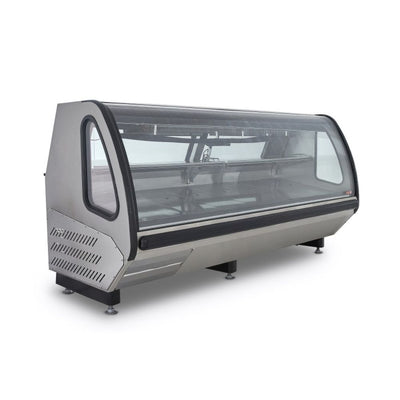 VITRINA TORREY VCA250 PTVC-0023 | Vitrina Refrigerada Autocontenida Cristal Curvo | 249.4 cm | Acero Inoxidable Vinil | Carnicerias Tienda Autoservicio Super Mercados | Vitrina Refrigerada Exhibidora Exhibidor de Pasteles Postres Vitrina de Mostrador Cristal Curvo Acero Inoxidable Pastelería Cafetería Cremería Carnicería Restaurante Supermercado