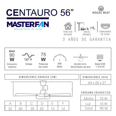 Masterfan Centauro 56 Ventilador Techo Industrial Con Luz - CENTAURO 56L - Masterfan - NOGAL BEAT - Ventiladores