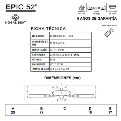 Masterfan Epic 52" Ventilador de Techo Metálico Luz Led para Oficina Consultorio o Casa - EPIC 52 - Masterfan - NOGAL BEAT - Ventiladores