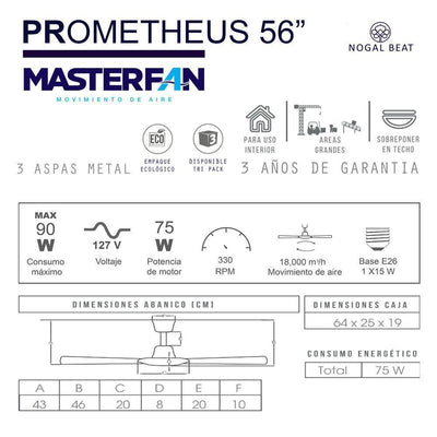 Masterfan Prometheus 56 con Luz Ventilador industrial Oficina Escuelas Bodega Almacén - PROMETHEUS 56L - Masterfan - NOGAL BEAT - Ventiladores